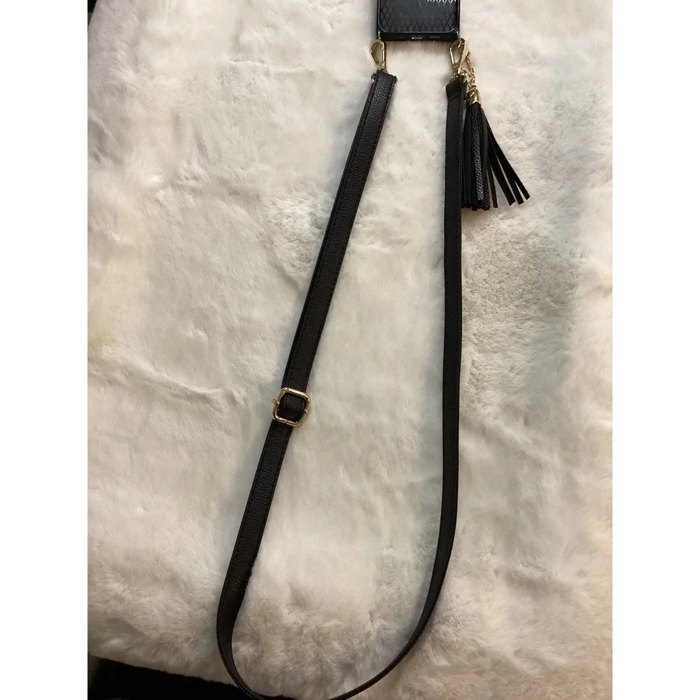 Black Leather Phone Case Wallet Crossbody Strap Tassel Gold‎ Hardware